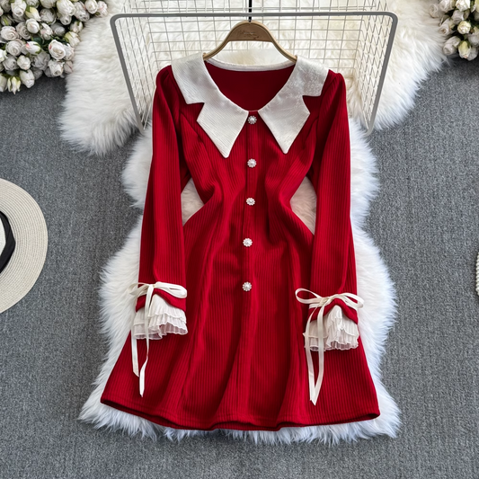 Contrast color doll collar a-line corduroy dress YM910