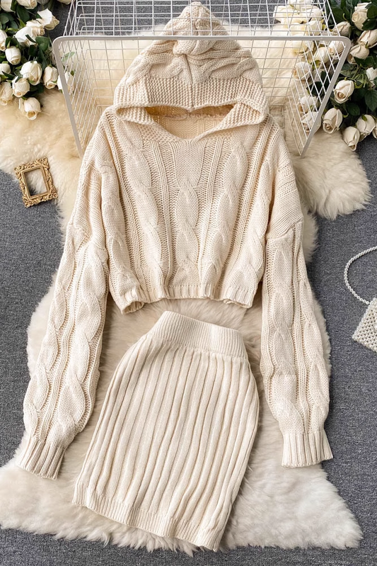 chic twist turtleneck short hooded sweater +short skirt two piece set YM620