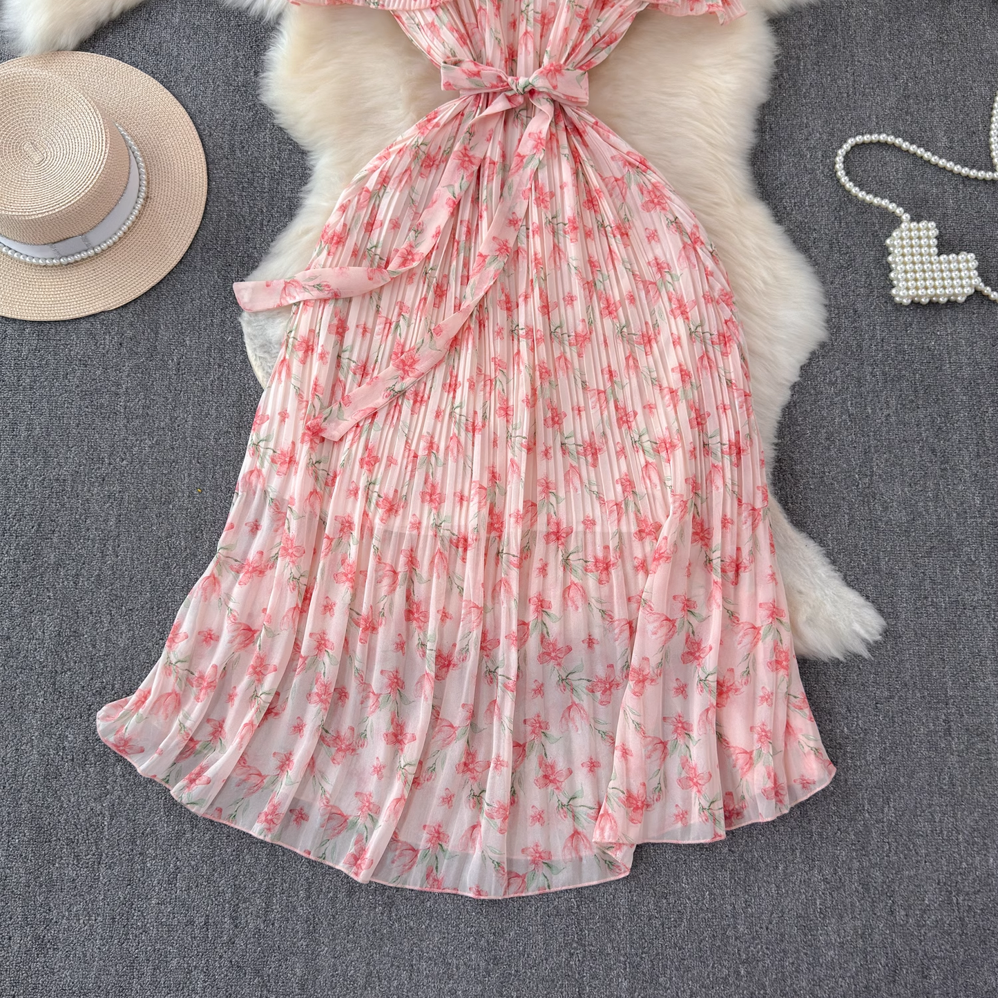 A-line pleated floral dress for beach vacation YM1060