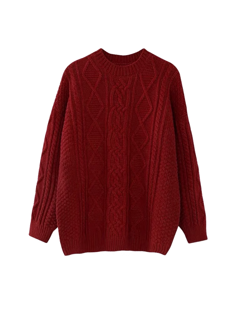 Loose and lazy knitted retro twist New Year and Christmas burgundy sweater for women YM758