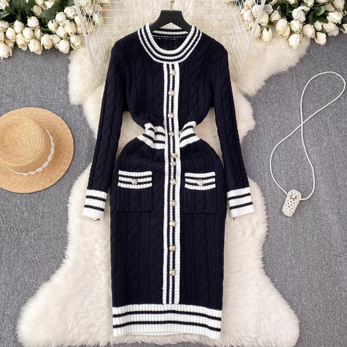 Knitted dress for women autumn design with contrasting stripes YM610