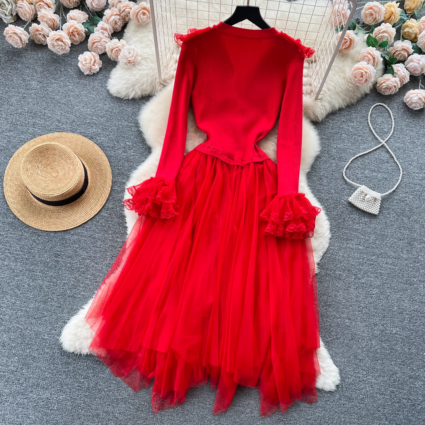 V-neck knitted splicing mesh fluffy irregular dress for women YM429