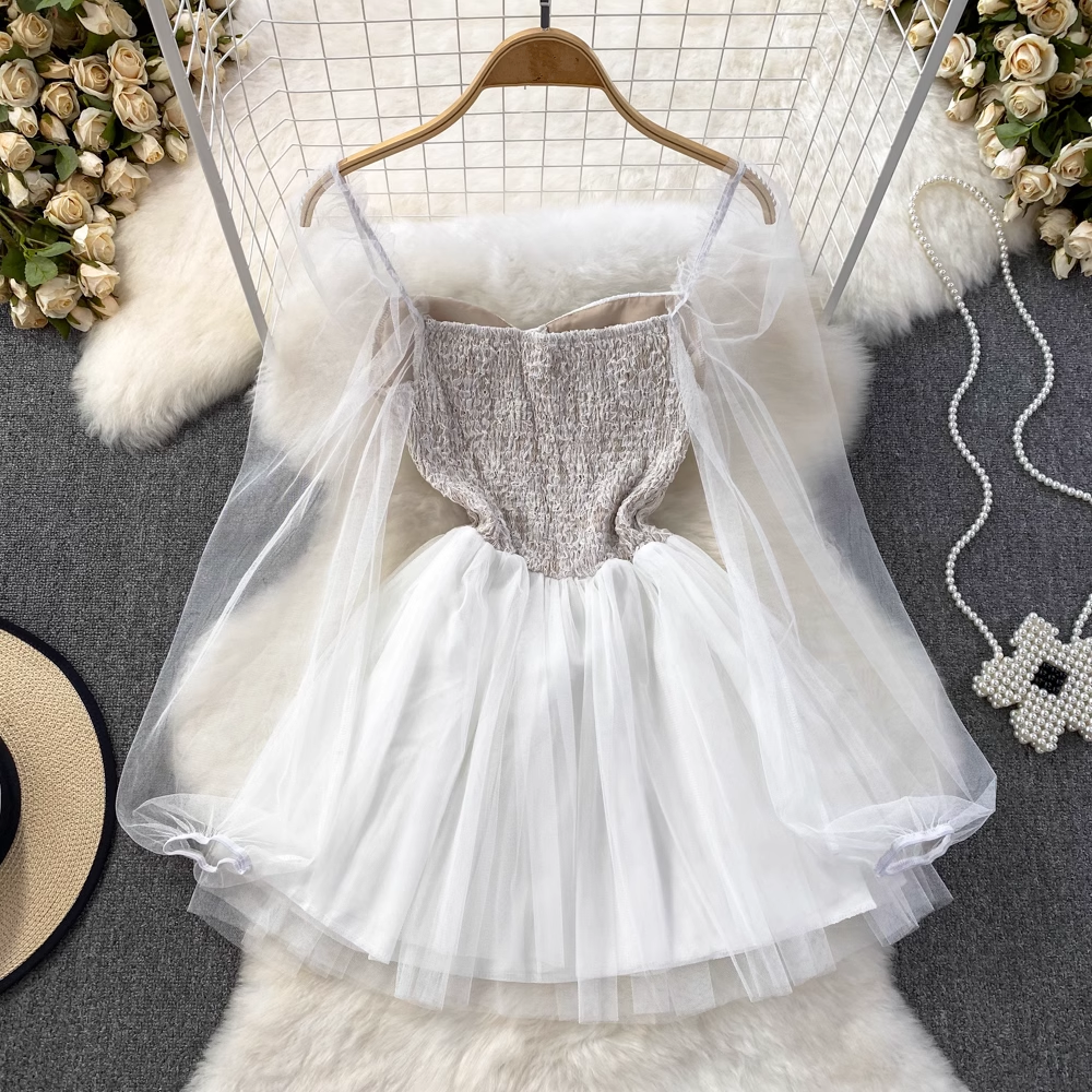 Long-sleeve square neck mesh stitching waist a-line fluffy princess dress summer dress, YM261