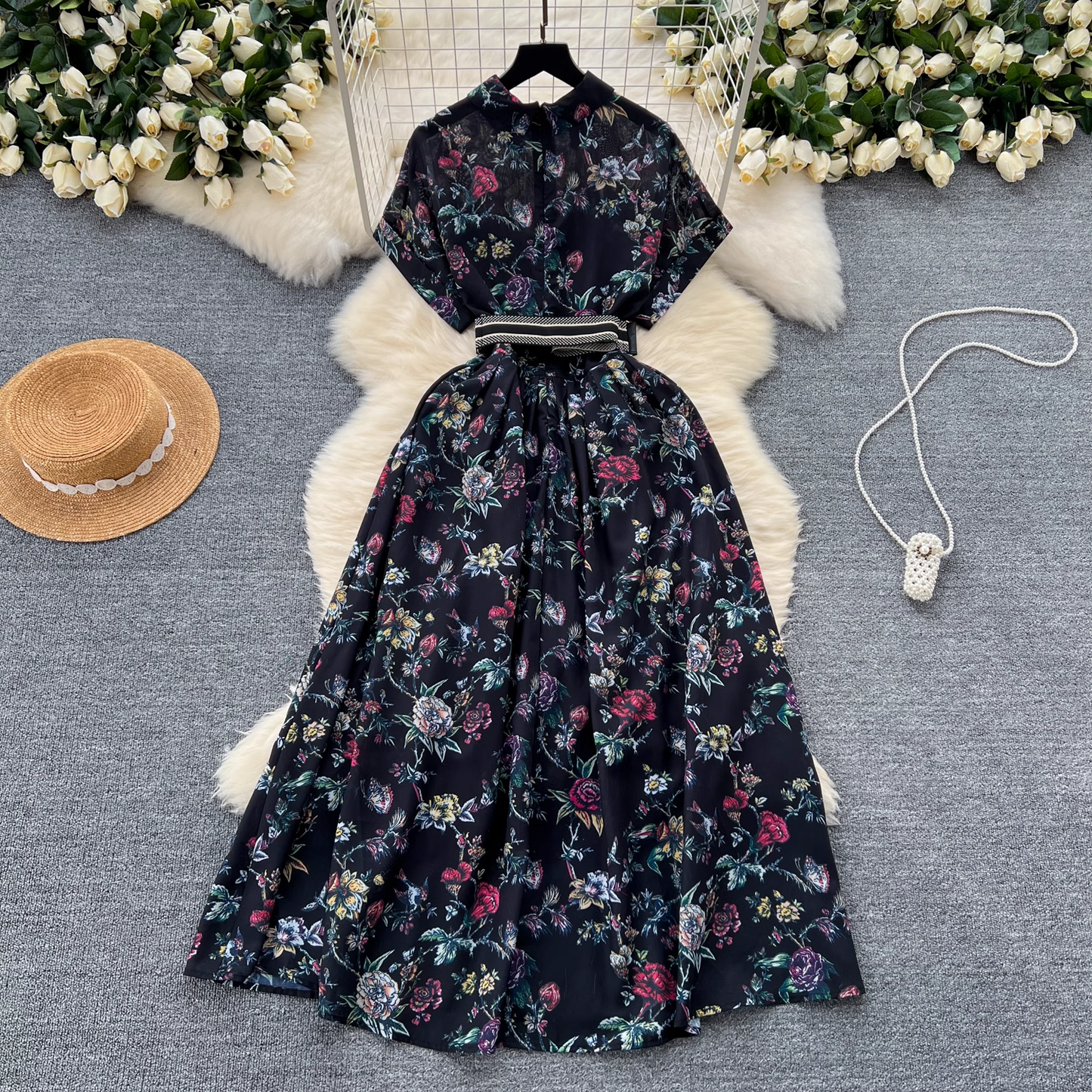 Short sleeve printed vintage chiffon dress  YM1093