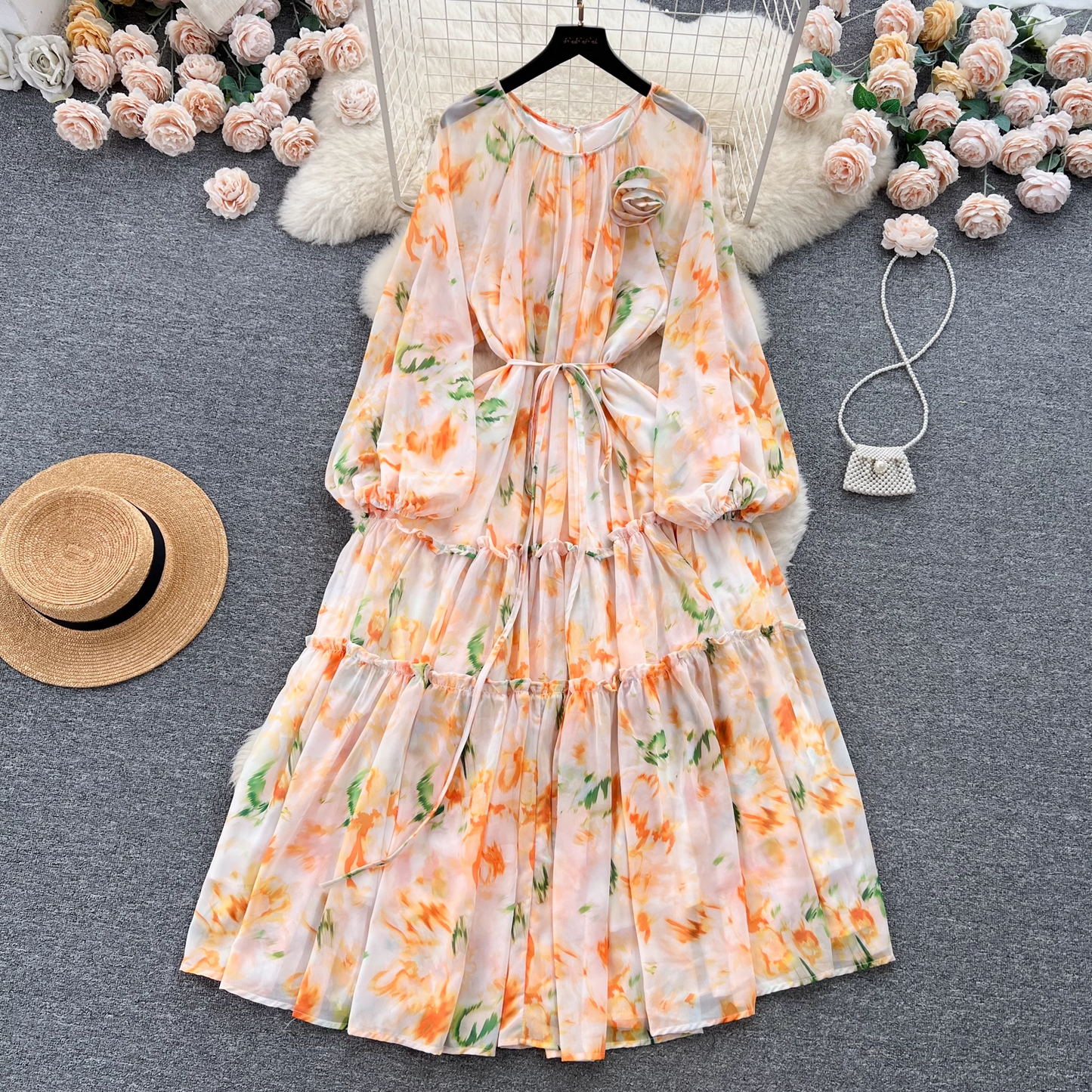 Puff sleeves, tie waist, long chiffon floral skirt, vacation dress YM611