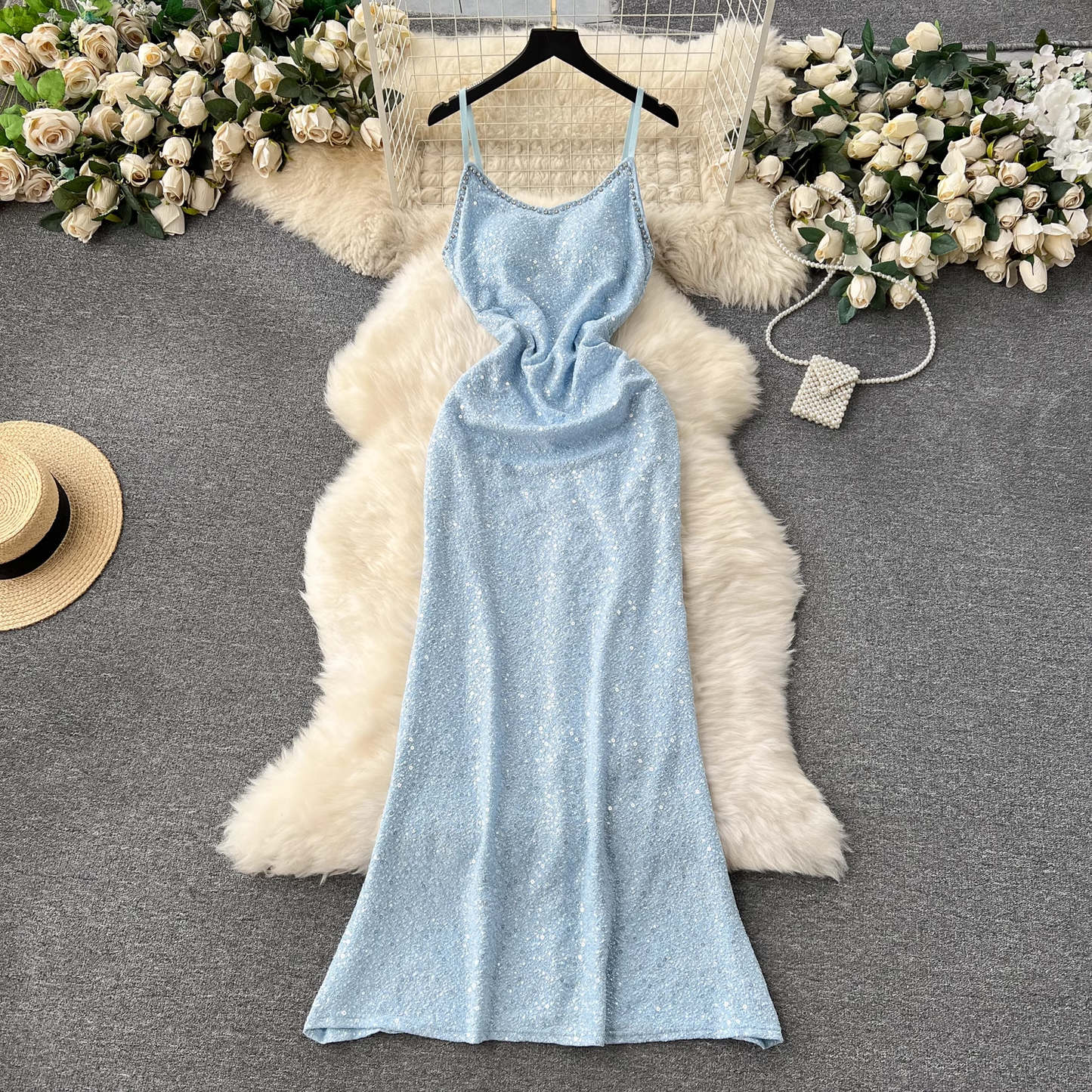 Women's elegant long sequin suspender dress YM1149