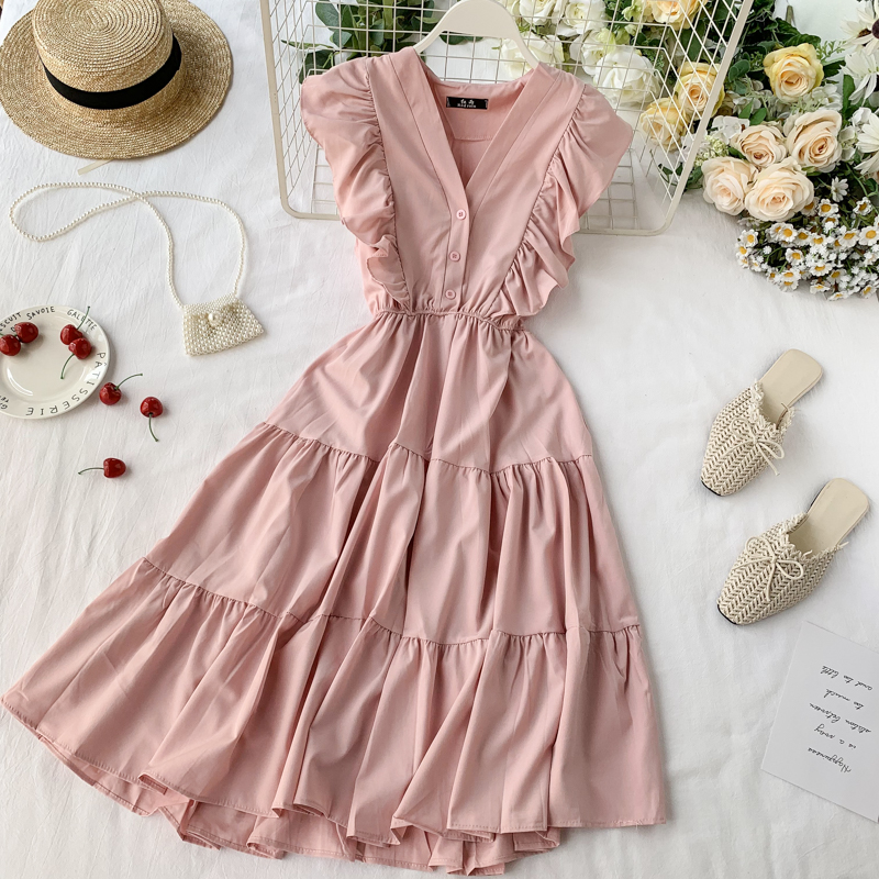 Vintage V-neck ruffled sleeveless Summer Dress, YM86