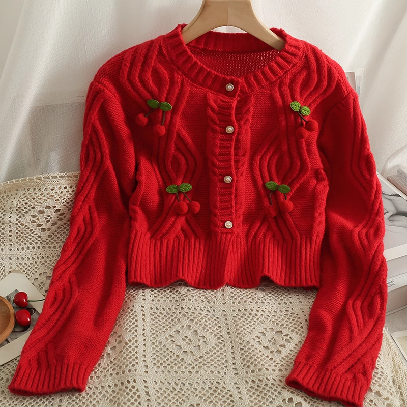 Sculpted Cherry Single-Breasted Cardigan Cropped Sweater YM376