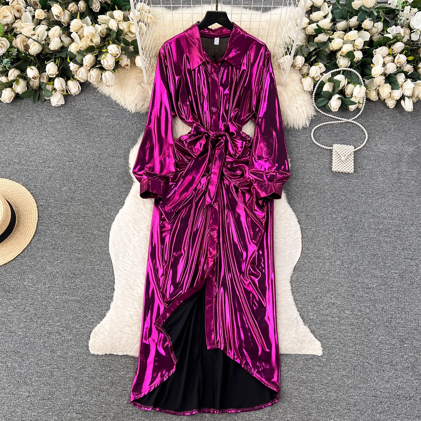 Designed pleated strappy long shirt dress for women YM608