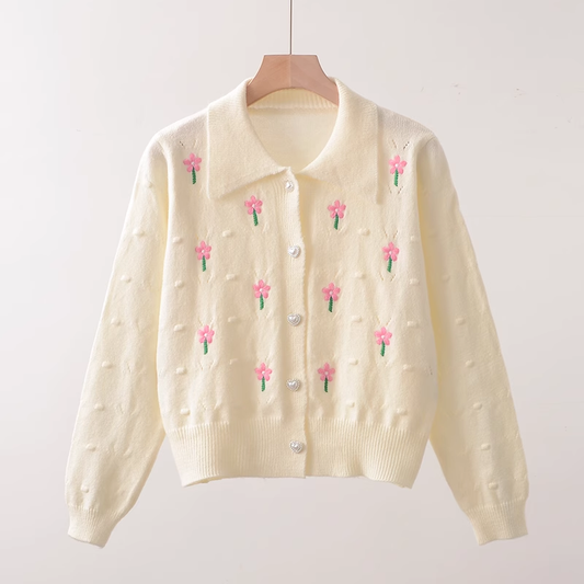 Floral embroidered POLO collar short knitted cardigan YM657