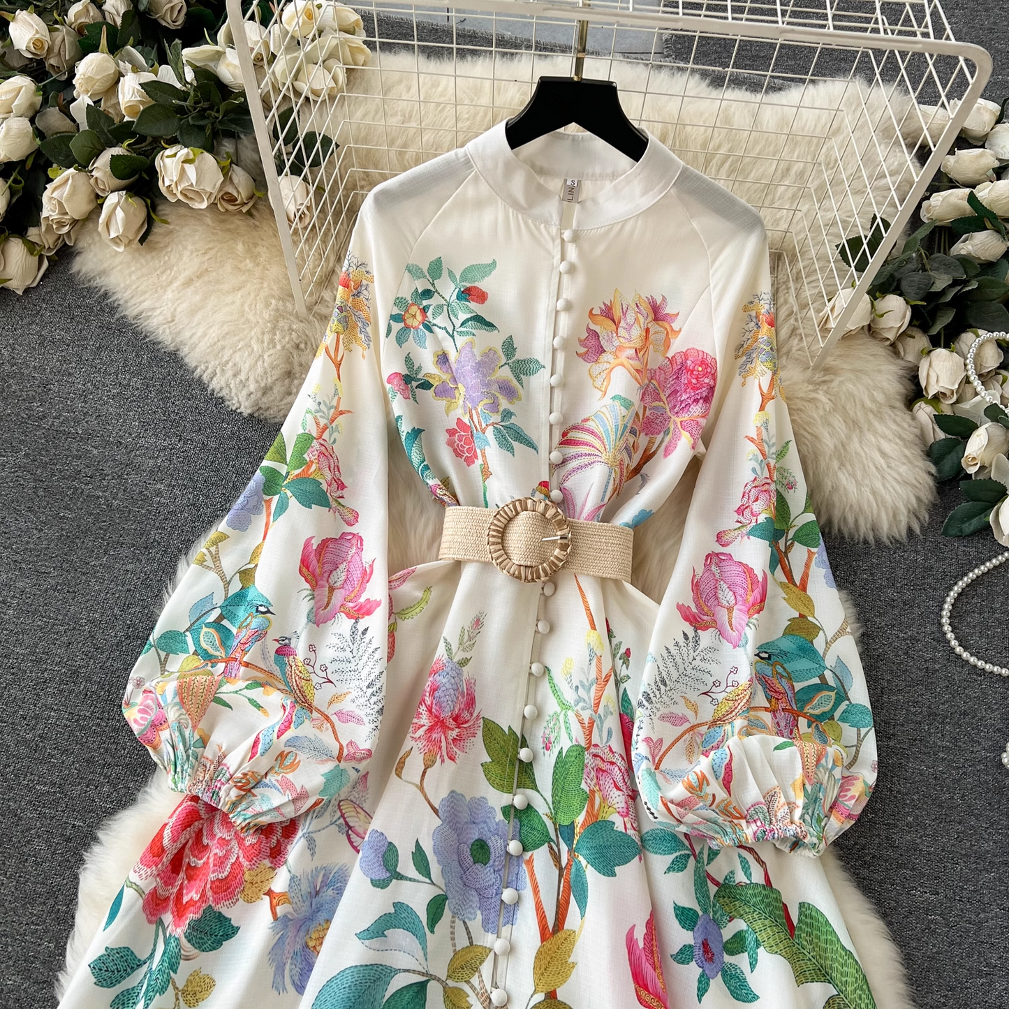 Elegant printed puff sleeve dress YM1174