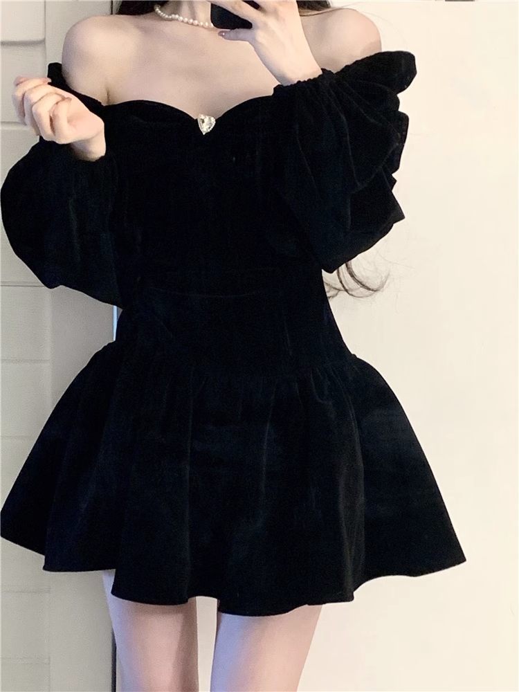 women's black velvet dress autumn and winter YM720