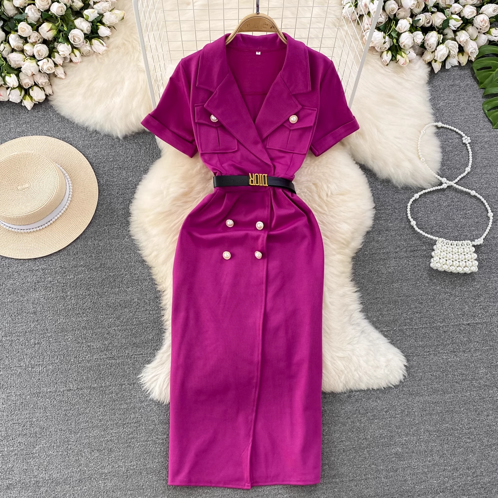 OL professional temperament short-sleeved suit collar tie single-breasted button slit dress, YM268