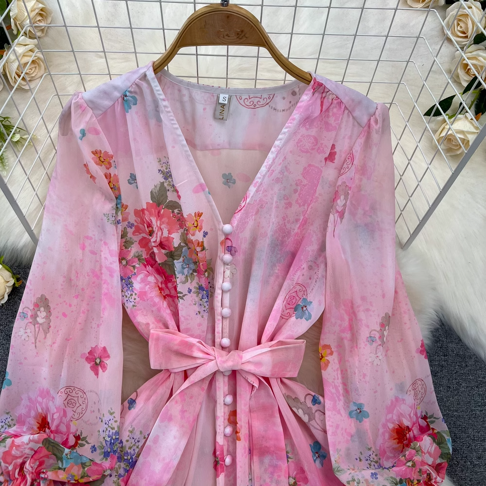 Lantern long sleeve V-neck a-line printed chiffon dress YM957