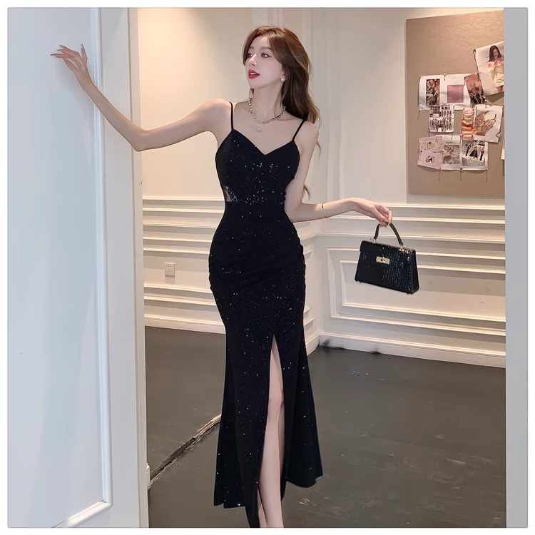 Black v-neck slit long dress YM1254