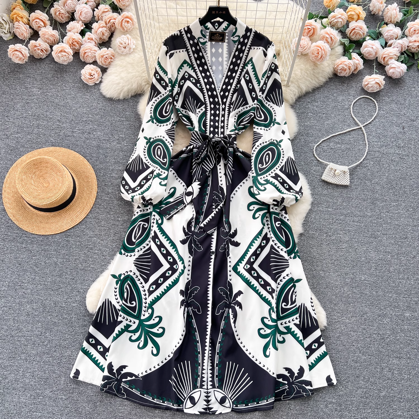 Bow Tie Printed Maxi Dress ,YM153