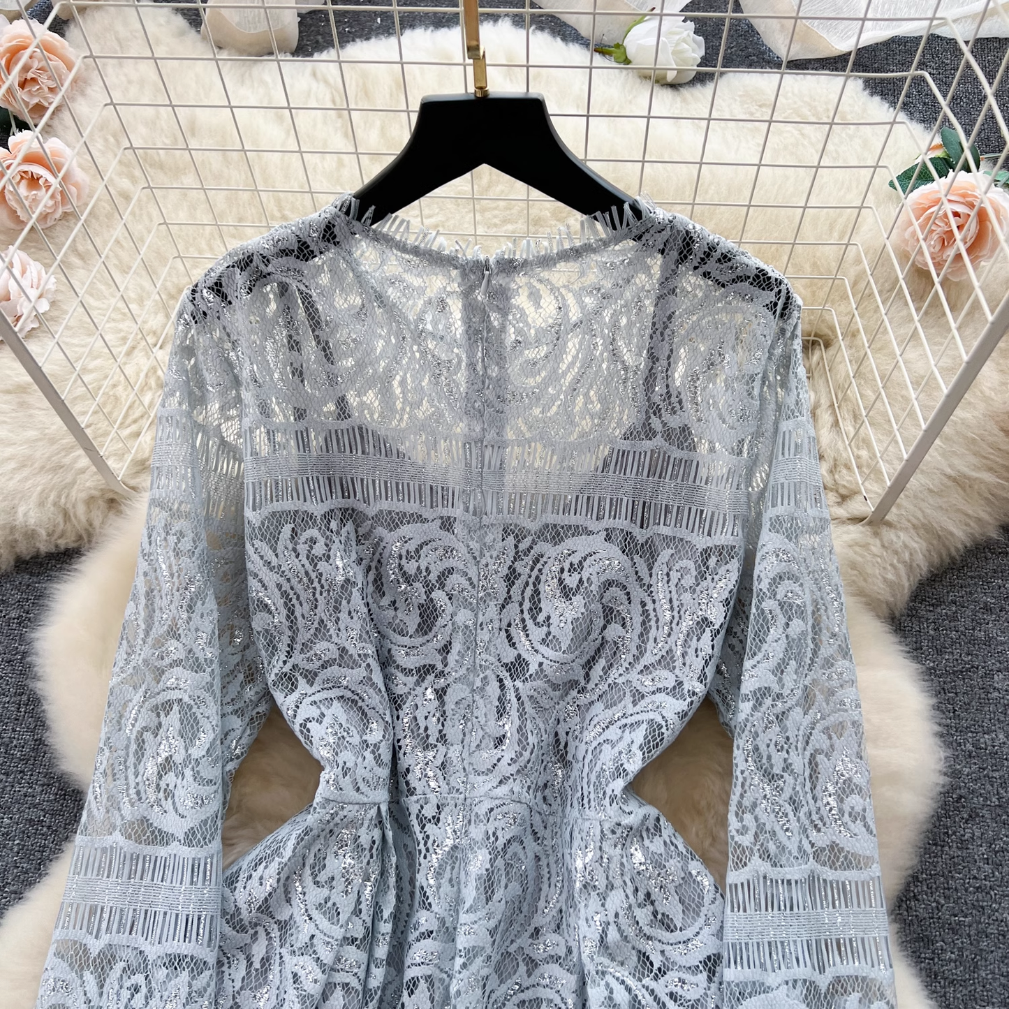 Women's Retro Round Neck Long Sleeve Lace Dress YM351