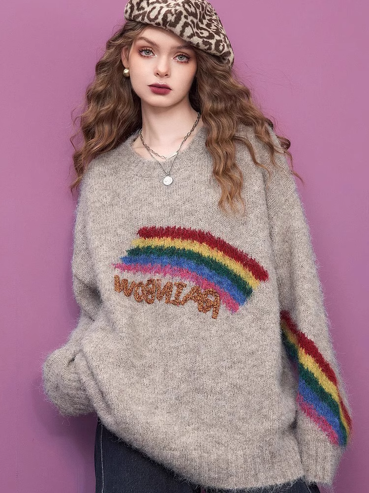 Sweater with rainbow letter embroidery design YM677