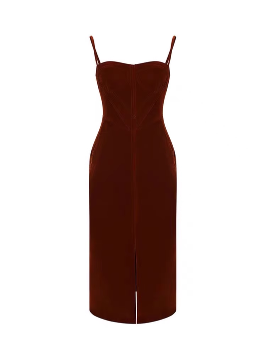 Retro high-end red velvet slit suspender dress YM876