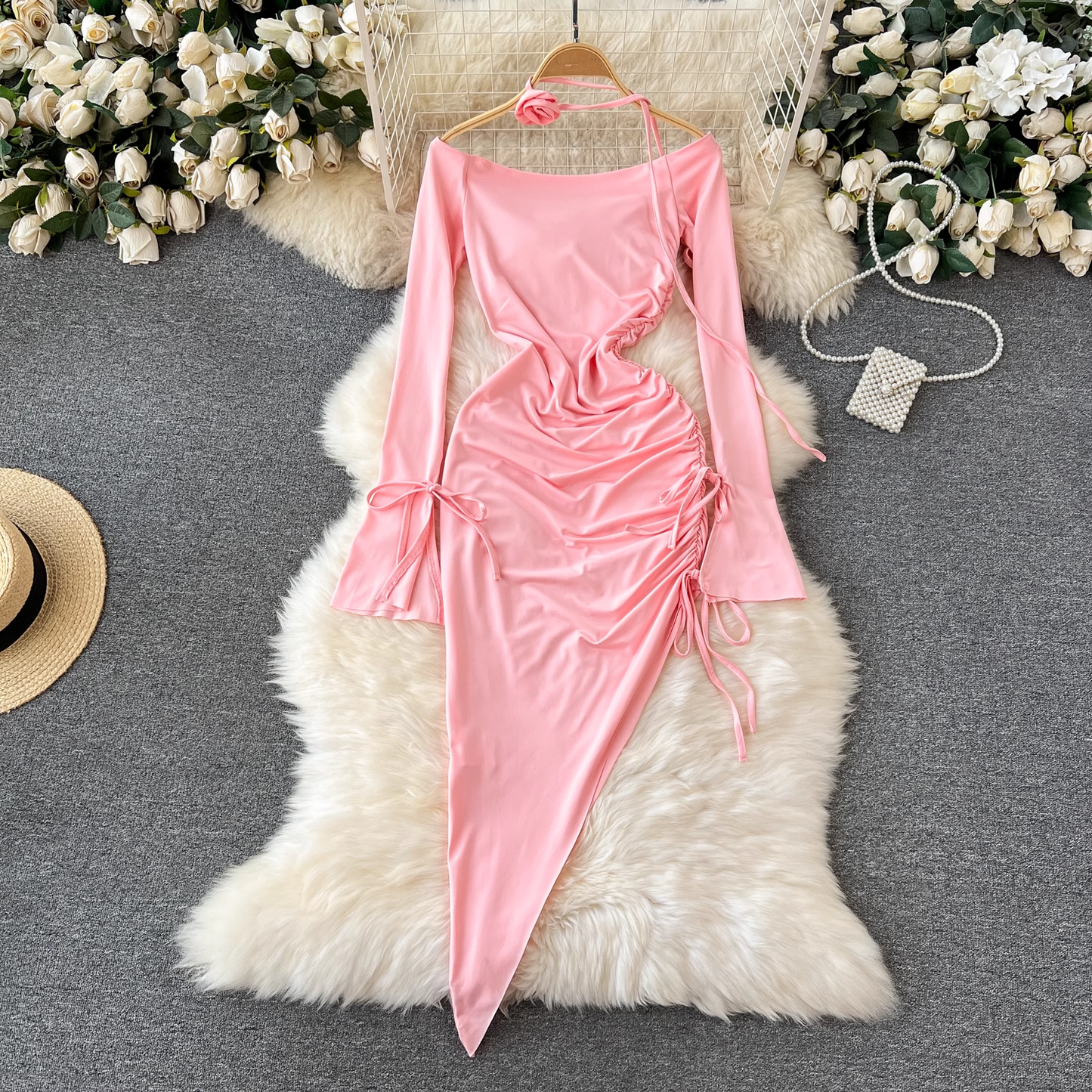 Flared long-sleeve slim fit shirred irregular bodycon dress YM799