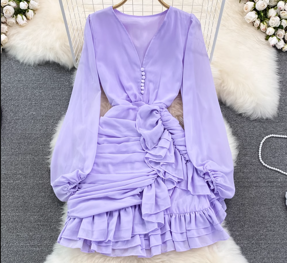 V Neck Irregular Ruffles Dress ,YM223