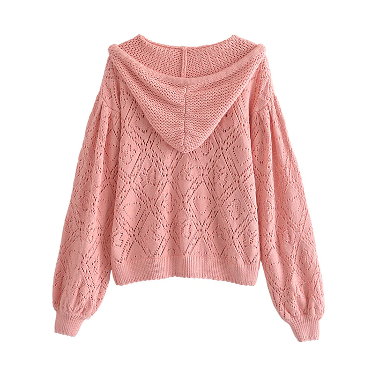 Hollow out design short Pink Knitted Hooded Sweater, YM257