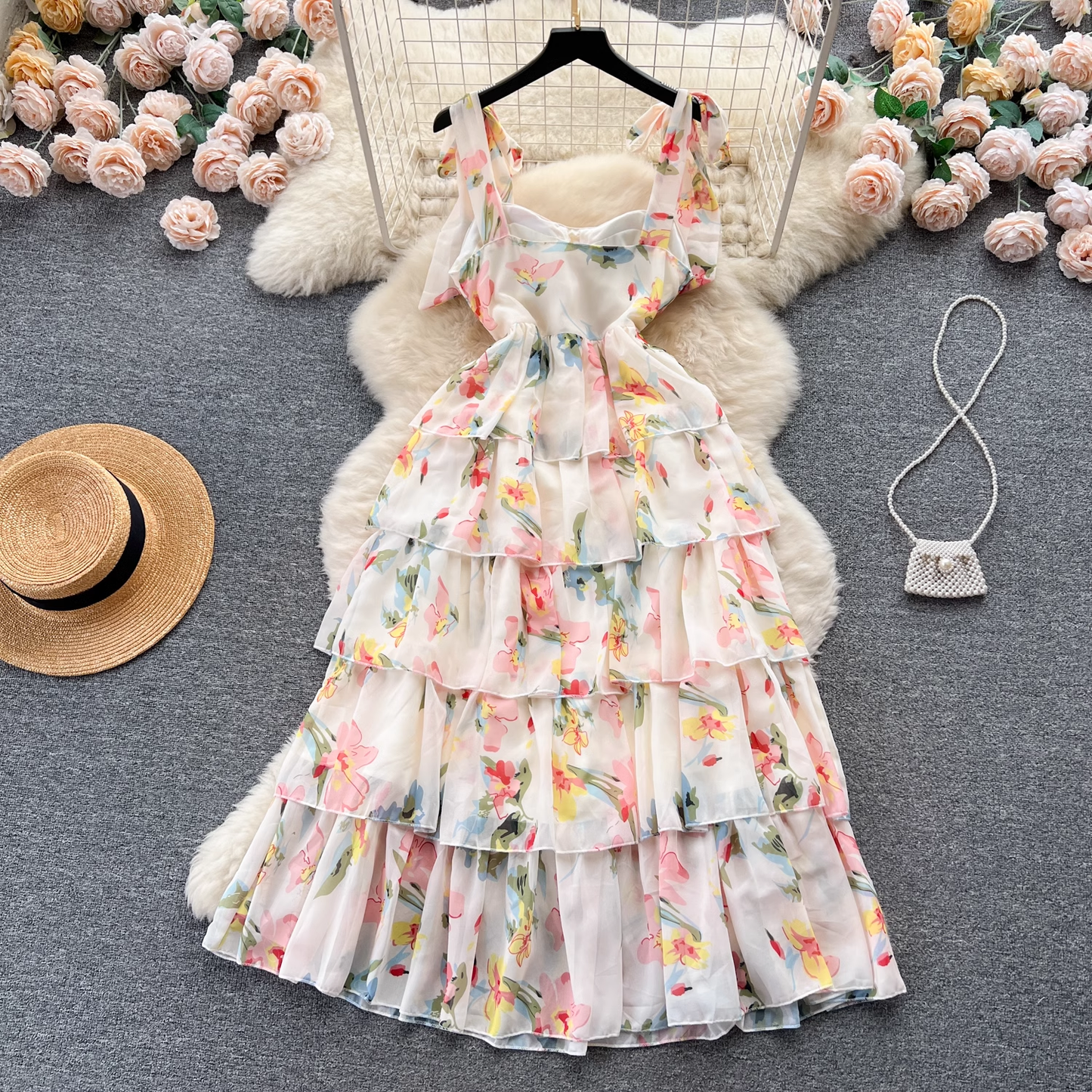 Women's suspender floral dress summer chiffon dress  YM506