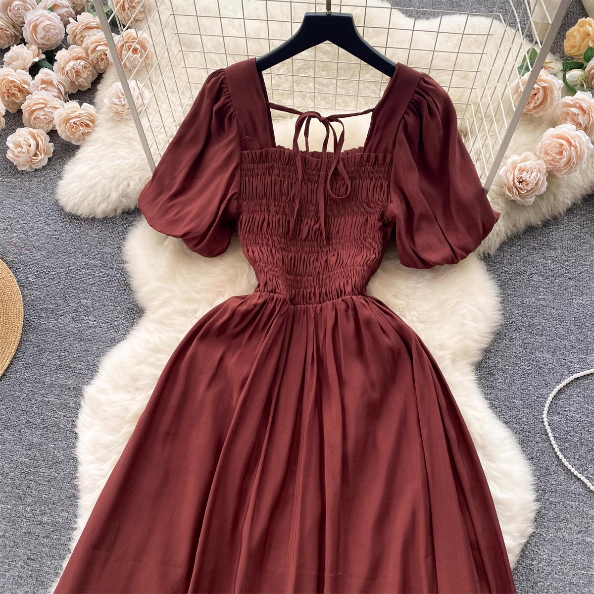 women's summer puff sleeve waist dress,YM109