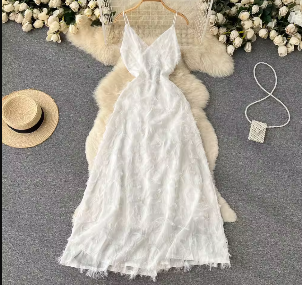 summer new white elegant fringed dress with straps ,YM43