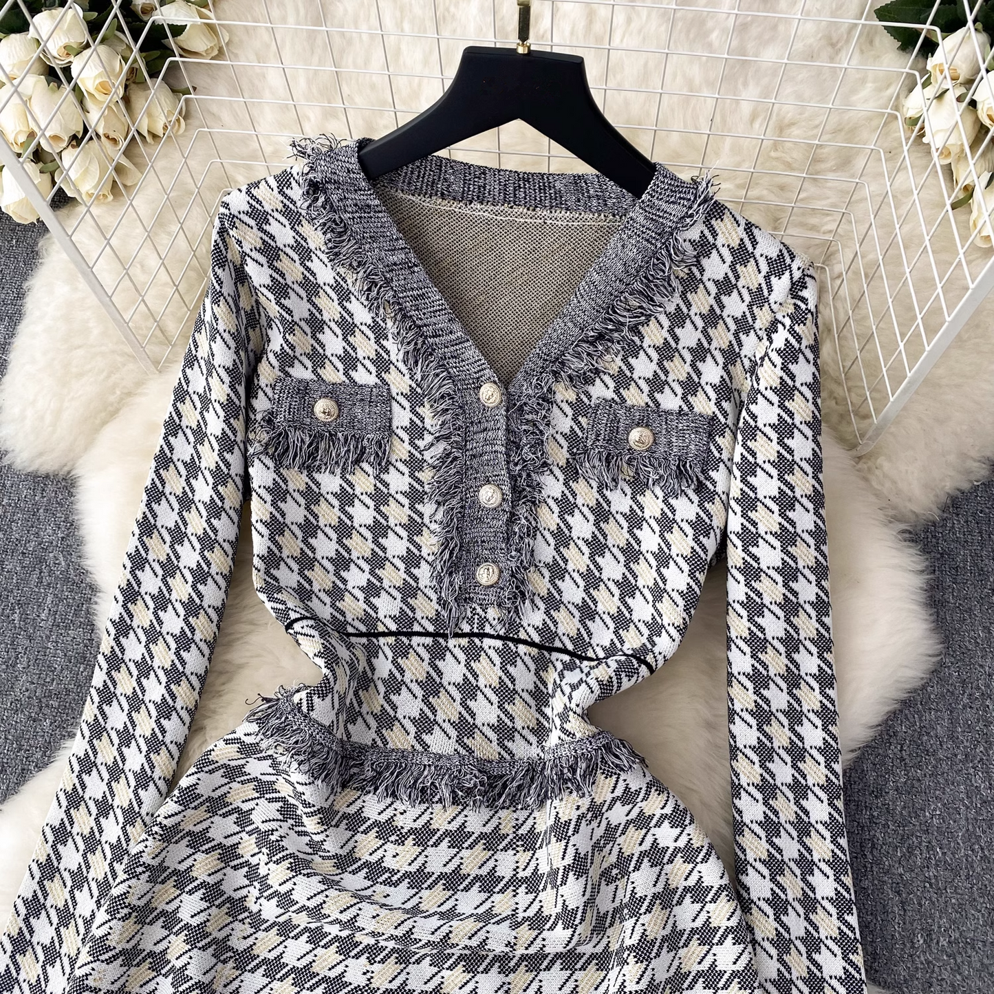 Women's high-end plaid knitted dress in autumn and winter YM445