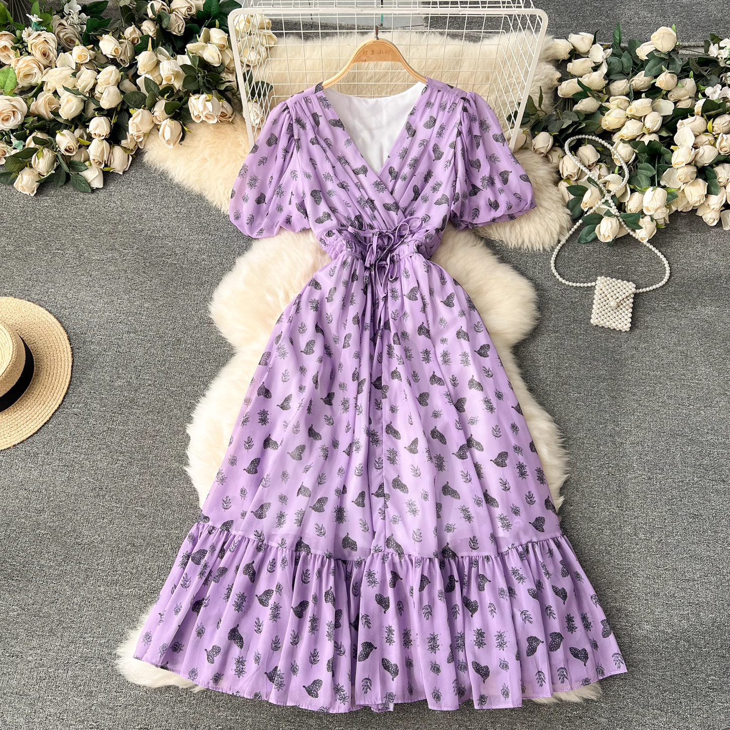 printed puff sleeve chiffon dress YM1243