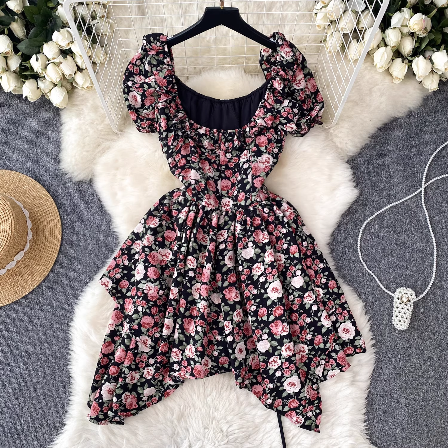 Floral Square Neck Puff Sleeve Irregular Dress For Women YM354