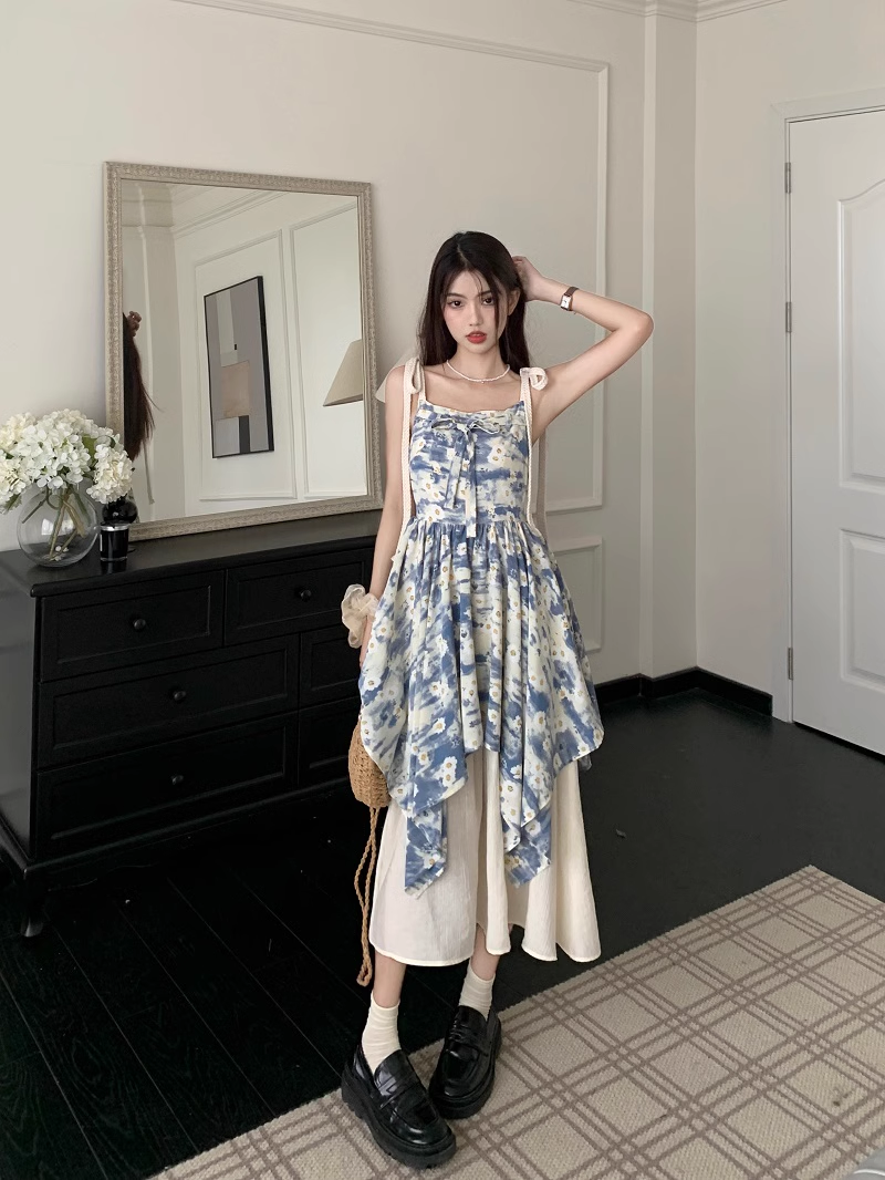 Oil painting floral suspender dress women's summer stitching fake two piece skirt YM1190