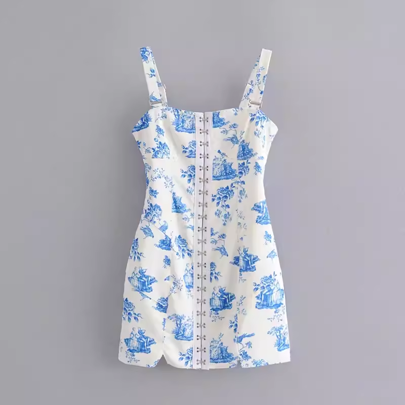 Retro printed blue and white porcelain hook buckle detachable suspender dress YM1369