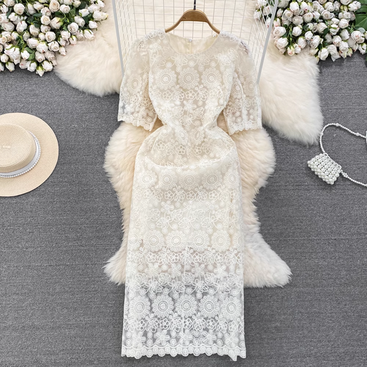 Bubble Short Sleeve Round Neck Embroidered Lace Dress YM285