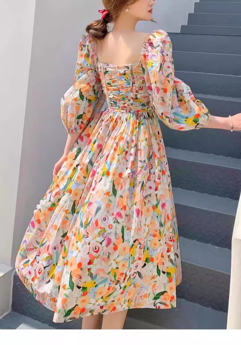 Retro Chic Floral Puff Sleeve Dress for Women Summer  YM1133