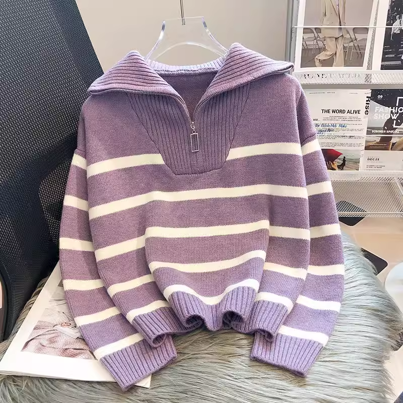 women's spring and autumn striped sweater loose lazy style knitted sweater YM372