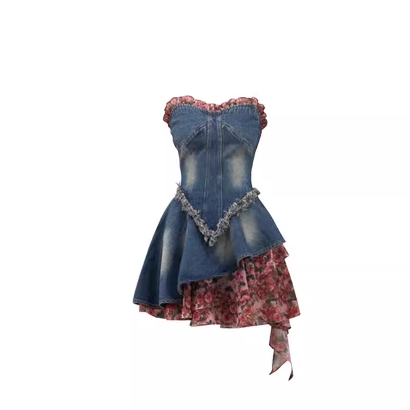 Rose floral bandeau patchwork denim dress  YM1311