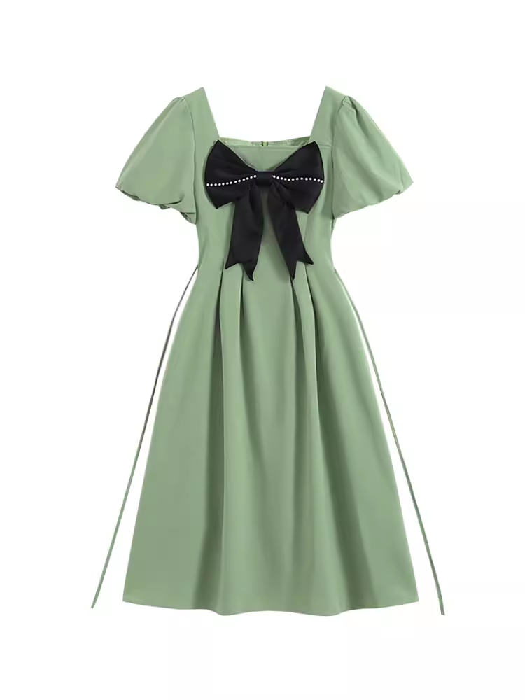 Green square neck bow dress YM1553