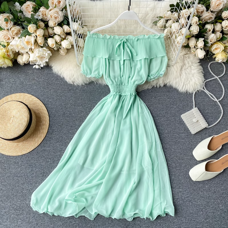 Pleated Ruffle Collar Strapless Chiffon Dress,YM104