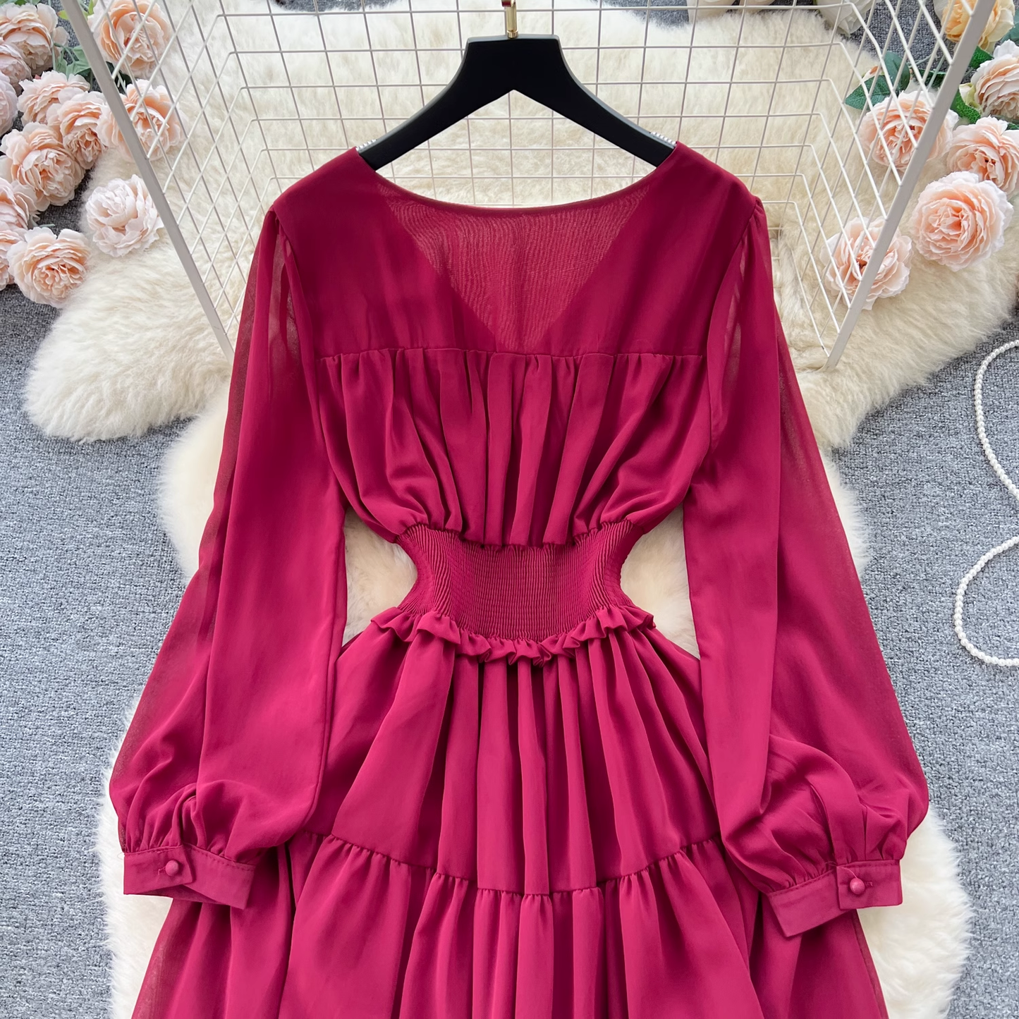 Elegant V-neck long-sleeved waist chiffon dress YM305