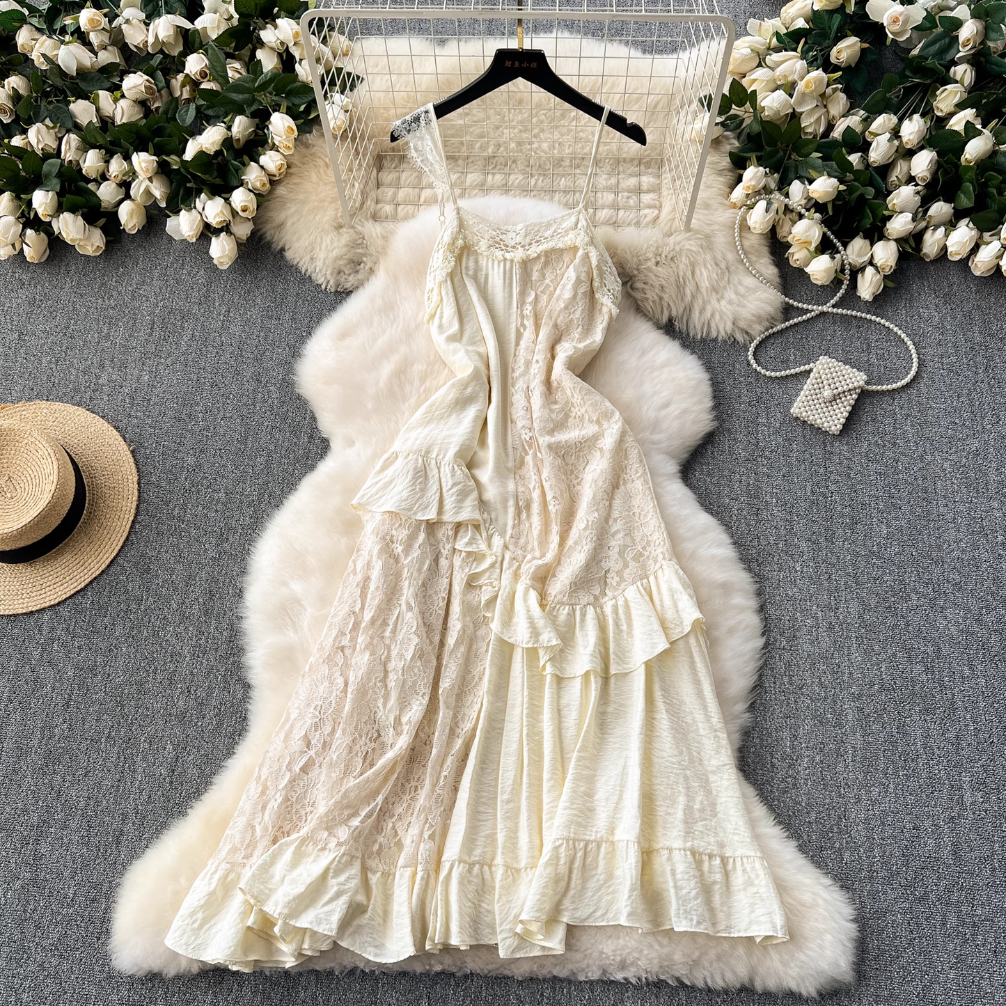 Women's summer lace splicing ruffle suspender dress YM1108