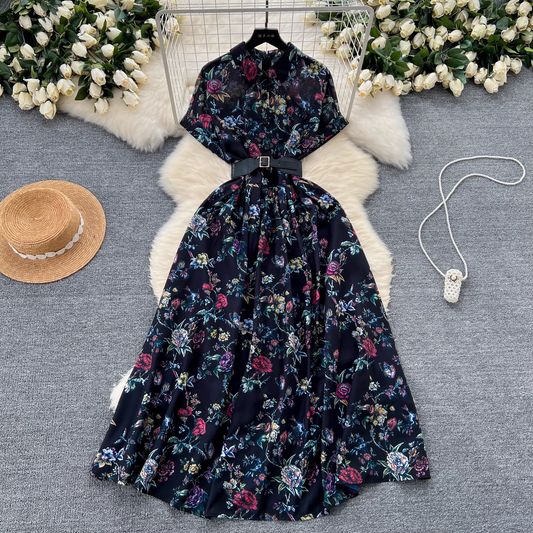 Short sleeve printed vintage chiffon dress  YM1093