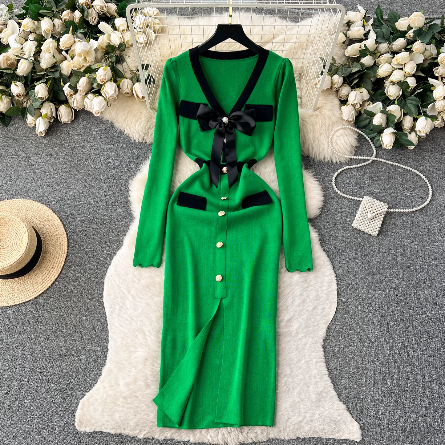 Knitted dress women's autumn and winter bow single-breasted design maxi dress  YM508