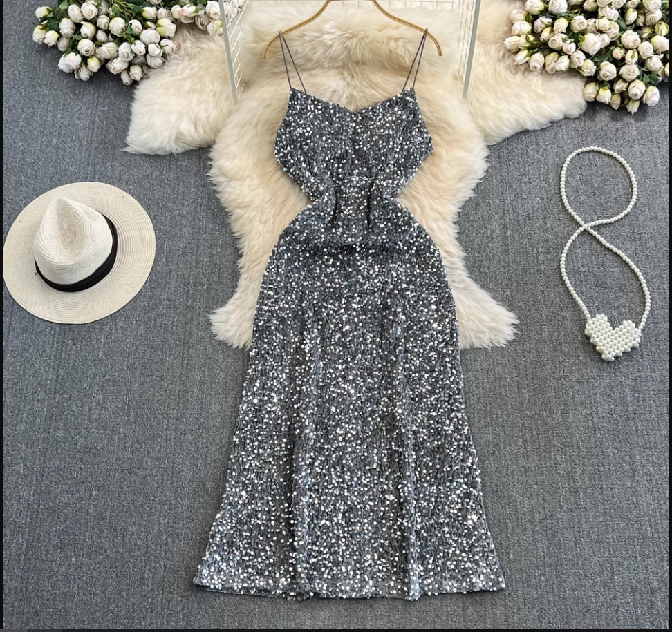 Sleeveless mid-length a-line sparkling sequin suspender dress YM840