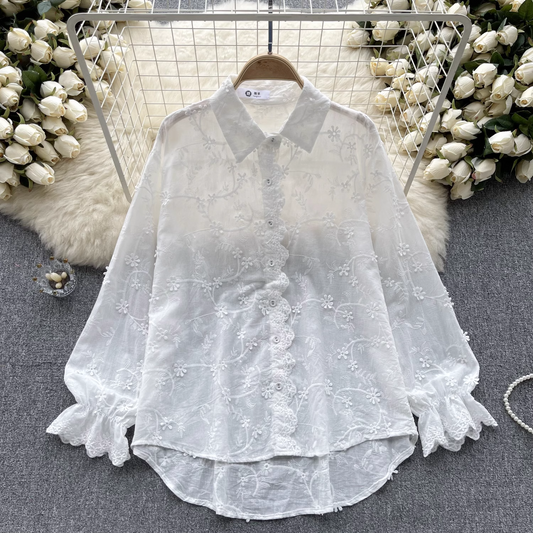 Lace Embroidered Petal Sleeves Blouses  YM315