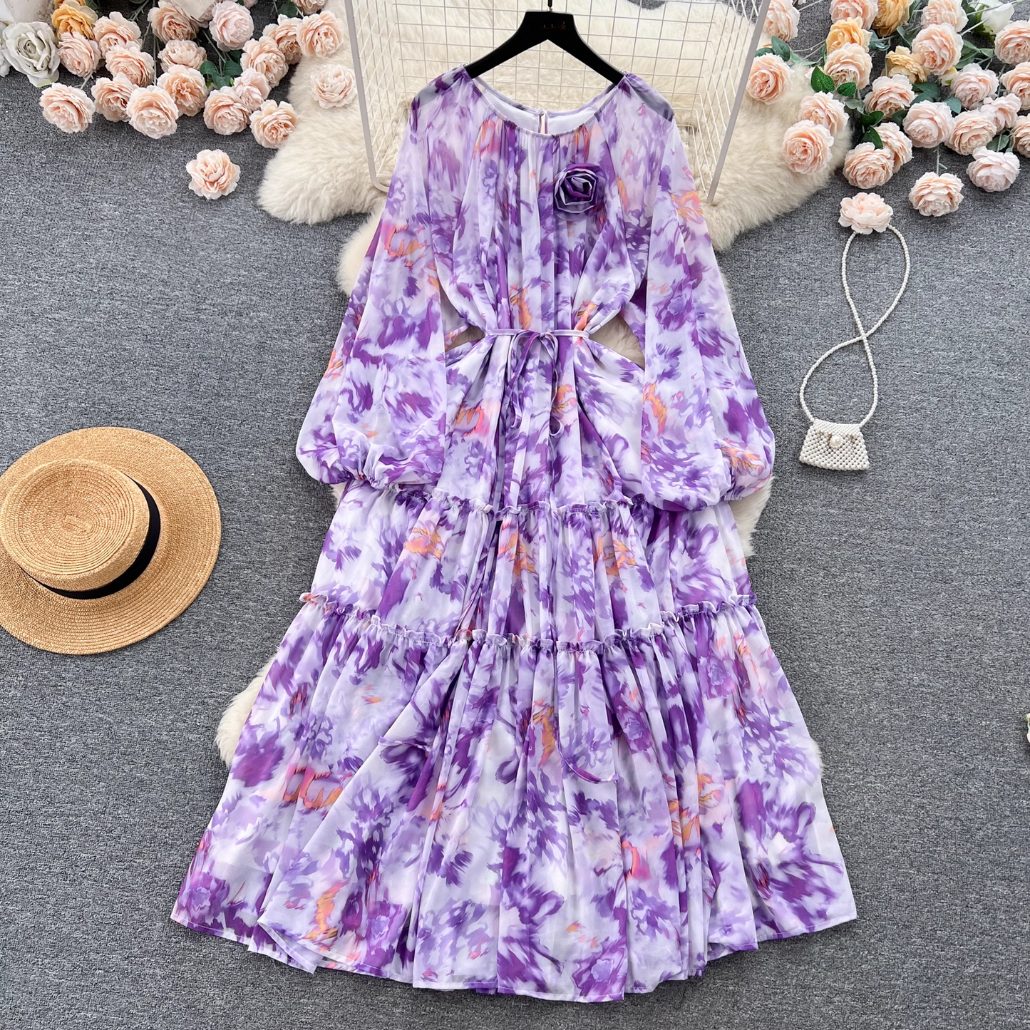 Puff sleeves, tie waist, long chiffon floral skirt, vacation dress YM611