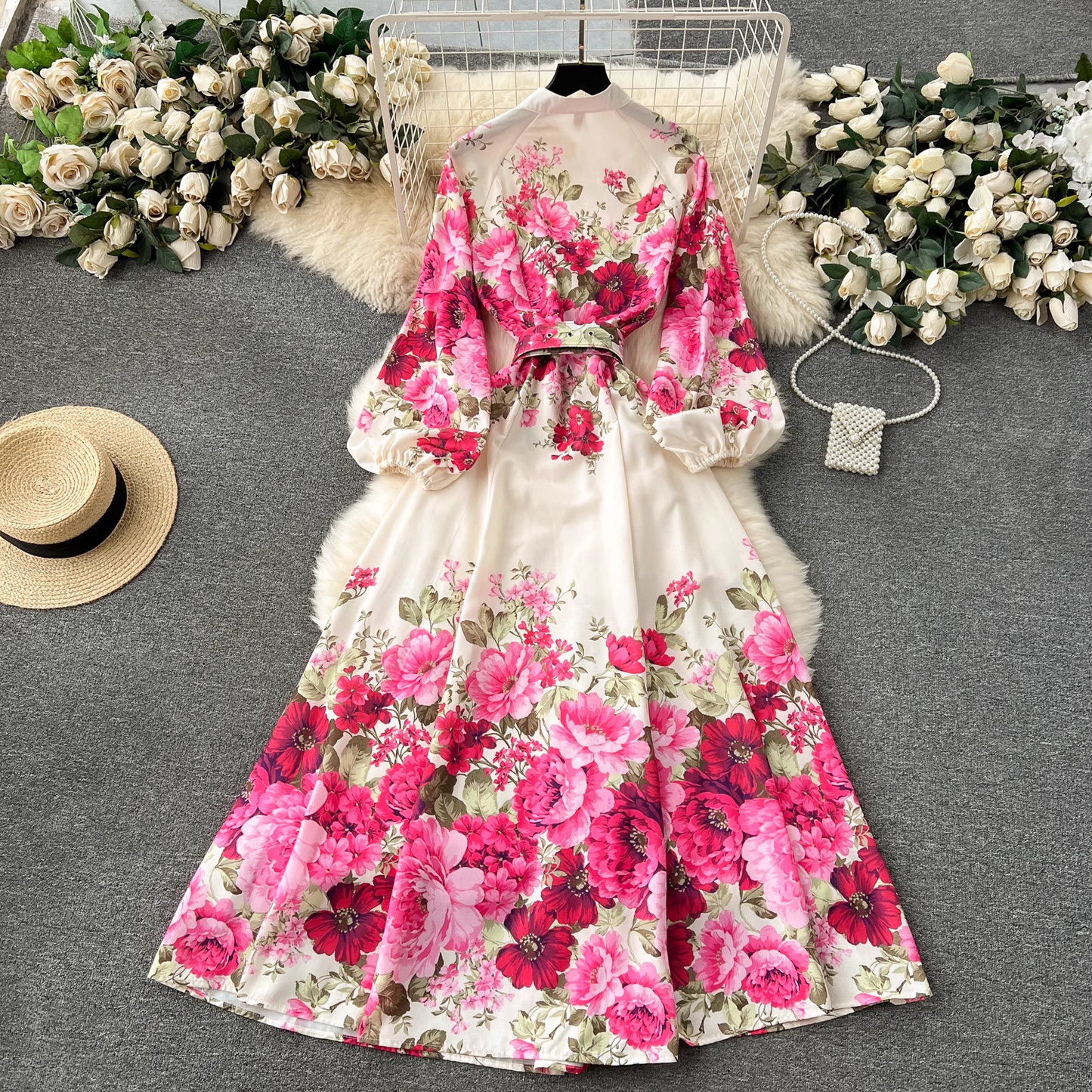 Printed long French puff sleeve elegant dress YM1142