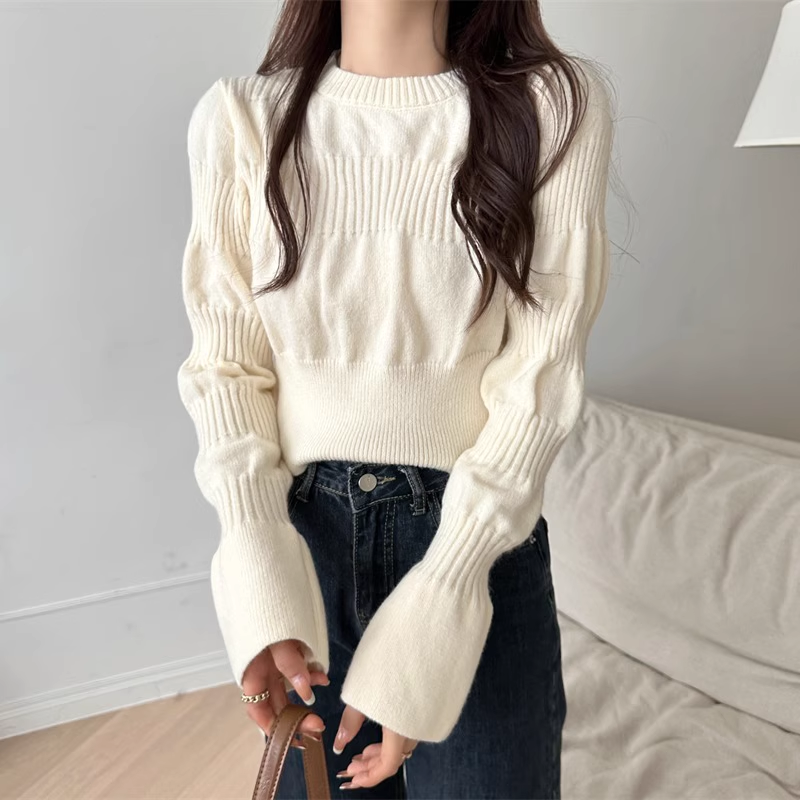 Women's fall knitted bottoming shirt with puff sleeves YM495