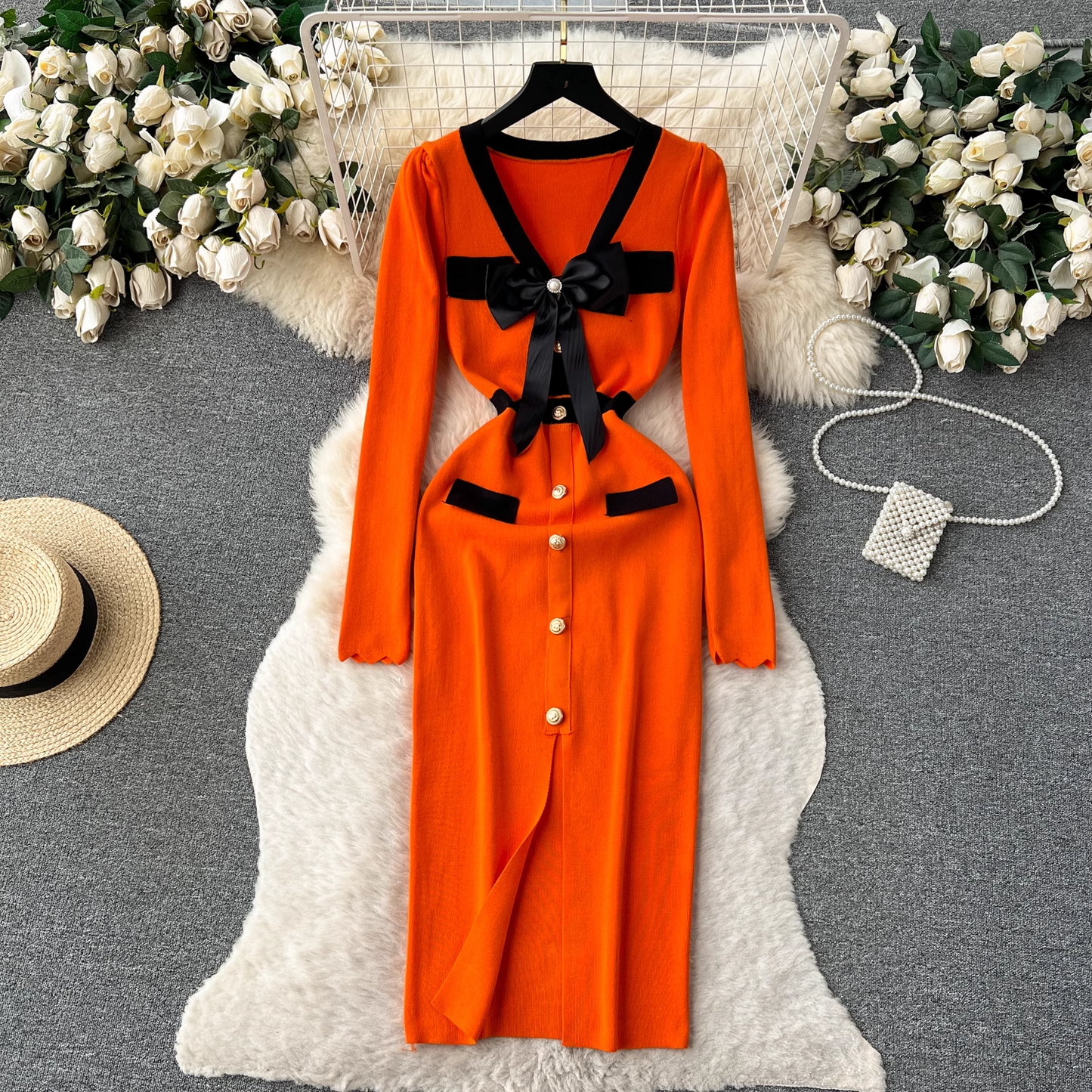 Knitted dress women's autumn and winter bow single-breasted design maxi dress  YM508